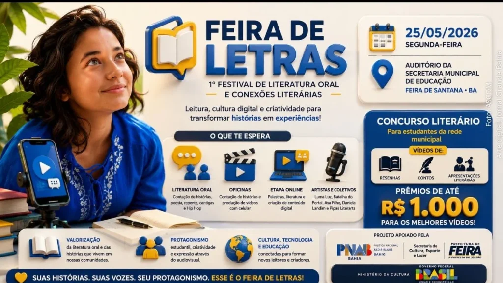 Feira de Letras em Feira de Santana incentiva leitura e cultura digital com prêmio para estudantes