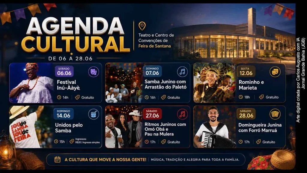 Agenda Cultural de Junho 2026 no Teatro Carlos Pitta: Samba, Teatro e Ritmos Juninos em Feira de San