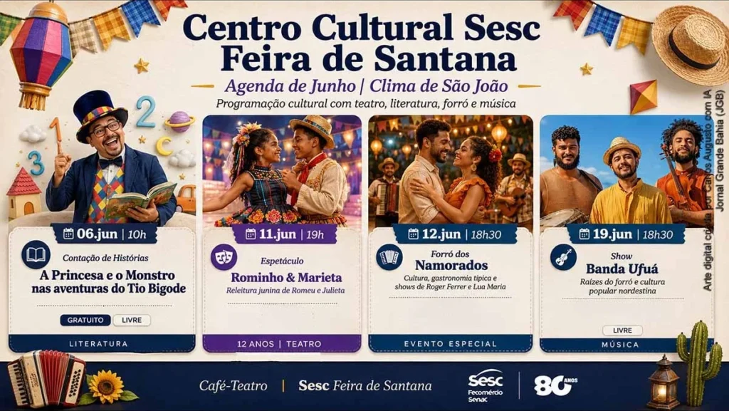 Centro Cultural Sesc Feira de Santana apresenta agenda junina com forró, teatro e gastronomia em junho de 2026 Centro Cultural Sesc Feira de Santana apresenta agenda junina com forró, teatro e gastronomia em jun